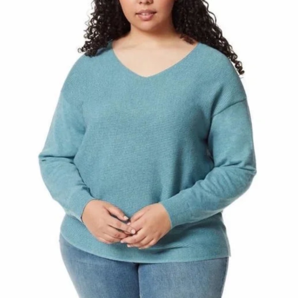 Ella Moss Blue Kaylan Ribbed V-Neck Long Sleeve Pullover Sweater XXL